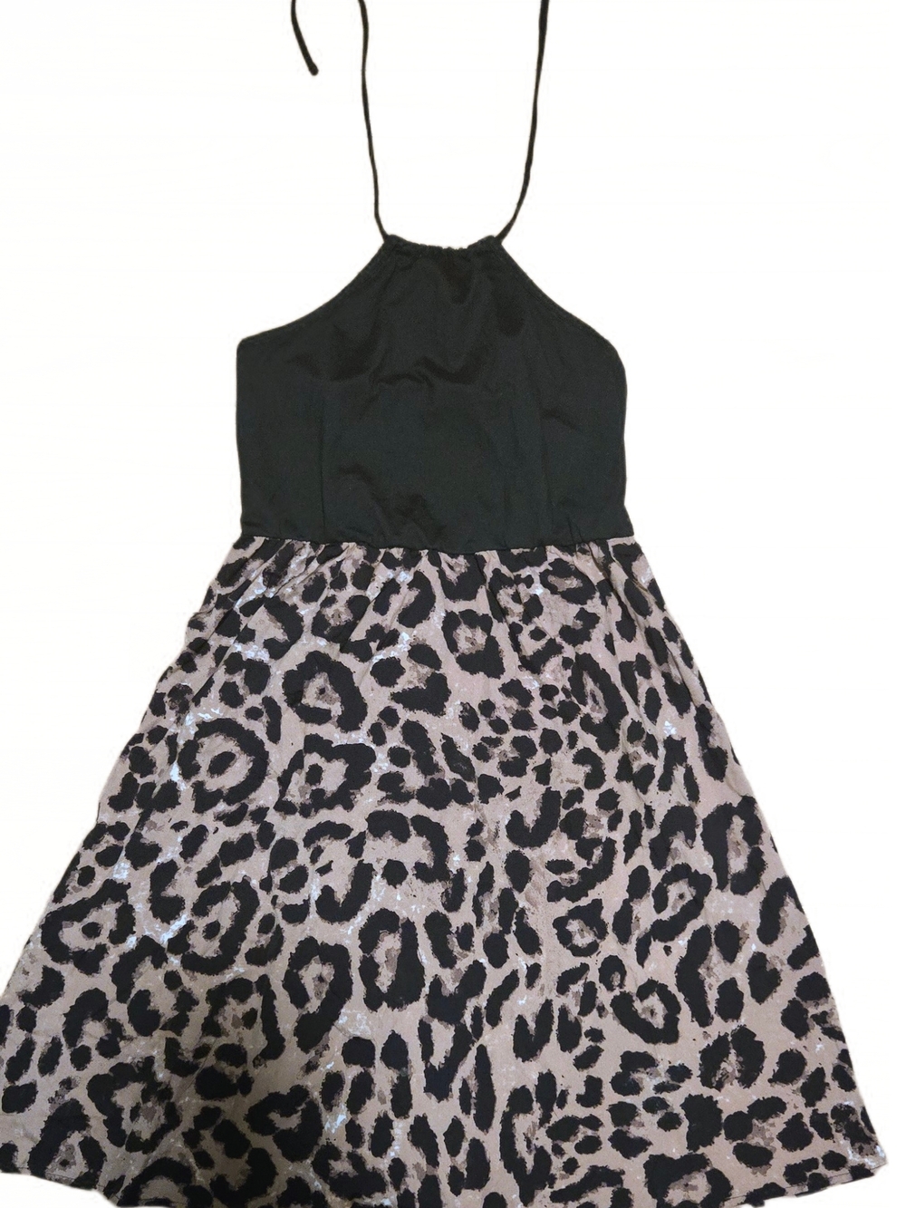 Women Black Halter Top Dress with Leopard Print Skirt
